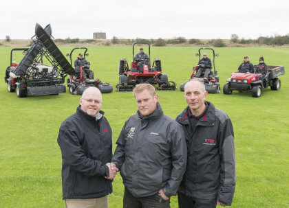 Head greenkeeper Glenn Rayfield, centre, with Lely’s Julian Copping, left, and Andy Branton of TNS Group