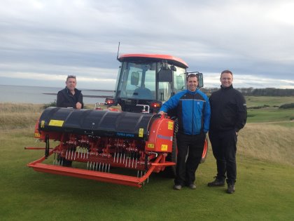(from left) Gordon Mcfadyen, Deputy Course Manager, Innes Knight, Course & Facility Manager at Kingsbarns Golf Links, centre, Gareth Rogers Area Manager (East) Fairways GM, Wiedenmann UK dealer for Scotland