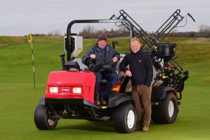 Toro Multi Pro 5800 at Hunstanton Golf Club. Danny Lake from Lely and Peter Read(with hat) from Hunstanton Golf Club.