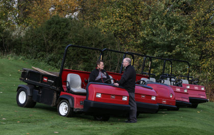 Nigel Broadwith, John O’Gaunt course manager, left, and Lely’s Julian Copping, with the club’s five Toro Workman