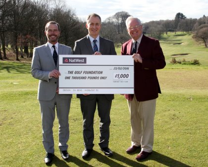 Sandiway GC Captain Thomas Cunningham (right) and General Manager Anthony Roberts (left) present the donation to Golf Foundation Chief Executive Brendon Pyle