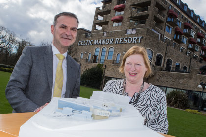 Celtic Manor Resort Chief Executive Ian Edwards and Welsh Government Minister for Economy, Science and Transport Edwina Hart with a model of how the new Wales International Convention Centre at Celtic Manor will look