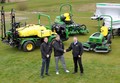 Greenkeeper superintendent Sean Reilly and co-owner Mark Ward of Lough Erne Golf Resort with grounds care machinery sales manager Ricky Neill of John Deere dealer Johnston Gilpin