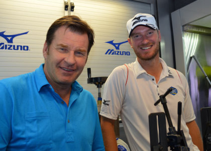 Sir Nick Faldo gives Mizuno staffer Chris Wood some final words of advice in the build up to his second Masters appearance