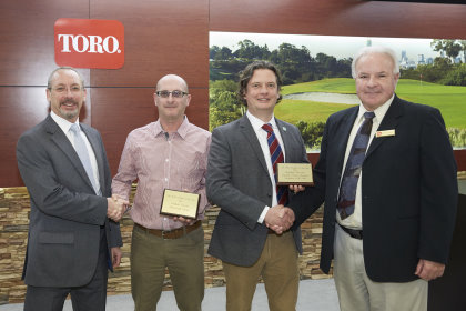 Student Greenkeeper of the Year Award winner 2015 Stephen Thorne, second from right, shakes hands with Barry Beckett, senior marketing manager from The Toro Company, and Stephen’s tutor at Myerscough College Nick Lush, second from left, shakes hands with David Cole, managing director at Lely Turfcare