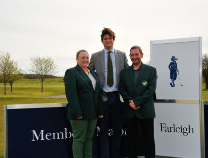 (from left) Angie Izatt (member), Russell Stebbings (General Manager ) and Boyson Mehmet (member) – Angie and Boyson won the Green Jackets for the Farleigh Members Major competition
