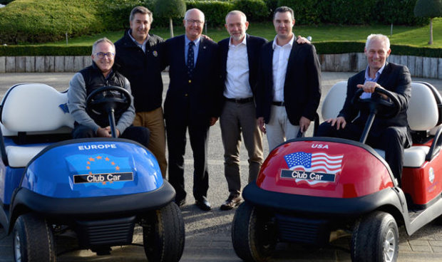 (from left) Paul Armitage, General Manager at Le Golf National, Ricardo Muelas, Regional Sales Manager at Club Car, Jean Lou Charon, President of the French Golf Federation, Marco Natale, Vice President of Club Car in EMEA, Nicolas Le Glas, Sales Manager at ORA Véhicules Electriques and Kevin Hart, Club Car Sales Director Golf in EMEA 