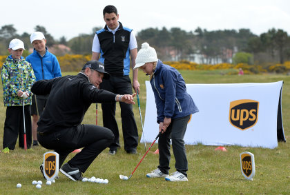 UPS Ambassador Lee Westwood at a local schools golf clinic as he hands over Ping junior golf sets during the Bags 4 Birdies Campaign at Royal Troon on May 6, 2016 in Troon, Scotland. (Photo by Mark Runnacles/Getty Images for UPS) 