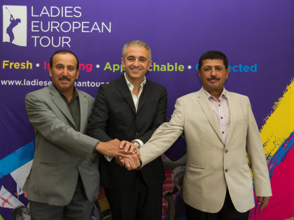 from left: Mohammed Faisal Al Naimi, Executive Director of the Qatar Golf Association, Ladies European Tour CEO Ivan Khodabakhsh and Fahad Nasser Al Naimi, General Secretary of the Qatar Golf Association launch the 2016 Qatar Ladies Masters