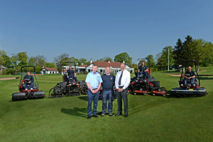 Head greenkeeper Matt Booth, centre, with Tony Dodson from Yorkshire Turf Machinery on the left and Lely’s Jeff Anguige with the club’s new Toro machines