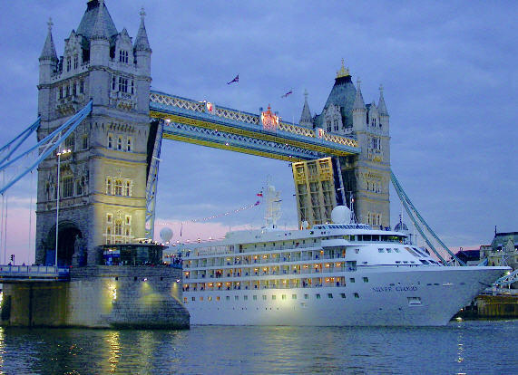 Silversea Cruise ship passing Tower Bridge, London (courtesy of Silversea Cruises)