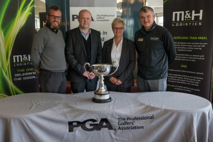 Pictured at Gleneagles following the announcement are current Scottish PGA Champion Chris Kelly, past Champion Paul Lawrie, M&H Logistics Managing Director Tom Wotherspoon and Secretary of the PGA in Scotland Shona Malcolm (image courtesy of Kenny Smith)