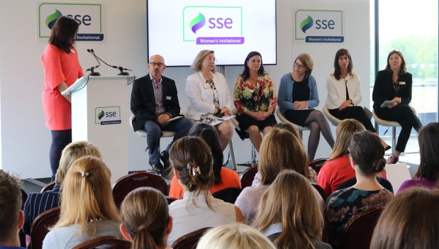 from left Colin Sloman, MD Accenture Consulting; Jennie Price, CEO, Sport England; Stephanie Zinser, CFO & Owner, Lynx Golf; Rachel McEwen, Director of Sustainability, SSE; Liz Dimmock, Founder & CEO, Women Ahead; Sally Horrox, CEO, Y Sport