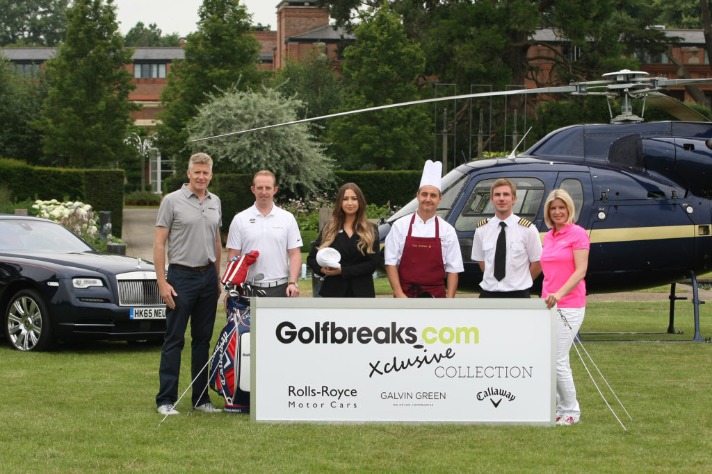 from left Golfbreaks.com Chief Executive and Founder, Andrew Stanley with PGA Professional (James Sibbles), spa therapist (Felicity Watson), chef (Calvin Hill), helicopter pilot (Tom McLean) and Xclusive Collection Ambassador and Sky Sports presenter Sarah Stirk.
