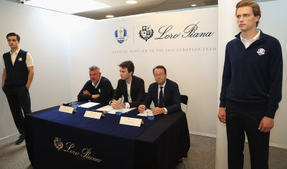 Darren Clarke, European Ryder Cup Captain, Antione Arnault, Loro Piana and Pascal Grizot, president of Ryder Cup France pictured during the launch of the official Clothing Suppliers to European Ryder Cup Team (Photo by Matthew Lewis/Getty Images)