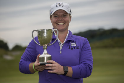 Lydia Hall of Hensol Golf Academy with the trophy winning the PGA Welsh National at Tenby Golf Club (Photo by Julian Herbert/Getty Images) 