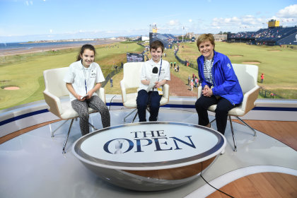 Sky Junior Reporters Mia Sterini and Lee Mitchell from Ayr Grammar with Scotland's First Minister Nicola Sturgeon at The 145th Open (The R&A)Championship at Royal Troon on July 14, 2016 in Troon, Scotland (The R&A)