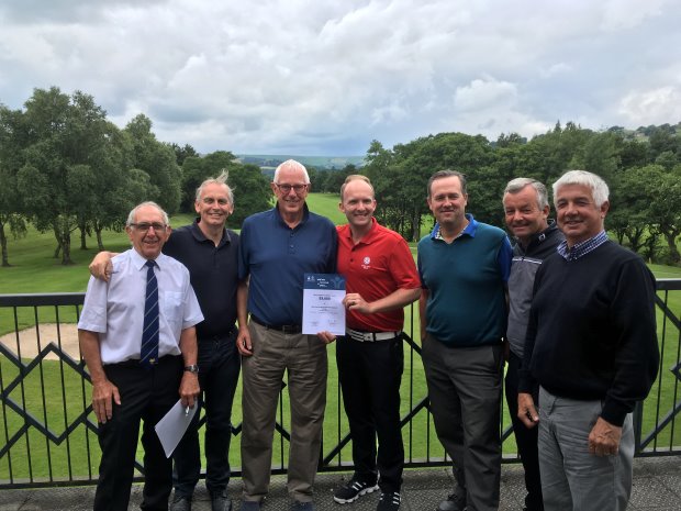 left to right) Tony Gee (Buxton High Peak GC), Chris Hall (New Mills GC), Ric Boffey (New Mills GC & Group Chairman) with regional officer Gareth Shaw (England Golf), Simon Townend (Cavendish GC), Dave Cullen (New Mills GC) and Pat Campbell (Cavendish GC)