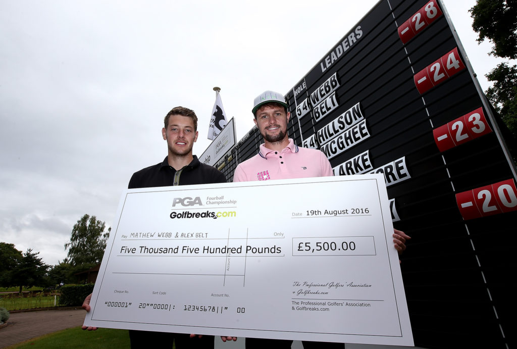  Mathew Webb of Bedlingtonshire GC (left) and playing partner Alex Belt of Snainton Golf Centre pose after victory during the final round of the PGA Fourball Championship at Carden Park (Jan Kruger/Getty Images)