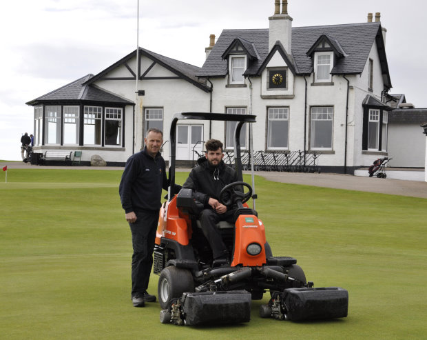 Robert Patterson, left, with Mark Mclaren assistant green keeper, in front of the Royal Aberdeen clubhouse