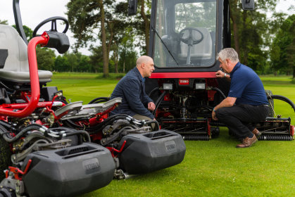Easingwold course manager Andre Erlah, left, and Paul Nicholls from Russell Groundcare with the club’s two new Toro mowers