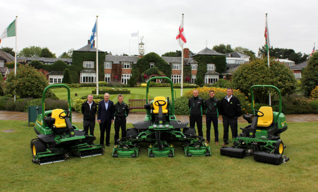 Deere & Company chairman & chief executive officer Samuel R Allen (second left) visited The Belfry in August, and is pictured here with (left to right) Brian D’Arcy of John Deere Limited, The Belfry’s Angus Macleod and Jamie Brooks, dealer Matt Gilks of Farol Hinckley, Nick Ashman of John Deere Limited and a selection of the new John Deere mowers