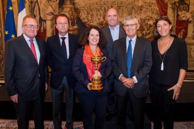 from left) Richard Hills, European Ryder Cup Director; Pascal Grizot, President of the France Ryder Cup 2018 Committee; Her Excellency Ms Sylvie Bermann, French Ambassador to the UK; Thomas Levet, former Ryder Cup player; David Williams, Chairman of the European Tour; Florence Gomez, Managing Director, French Chamber of Great Britain gathered at the Residence of the French Ambassador to the United Kingdom where they announced the dates of The 2018 Ryder Cup at Le Golf National in Paris
