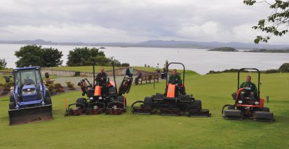 The Aberdour greenkeeping team on a selection of the machinery from Jacobsen