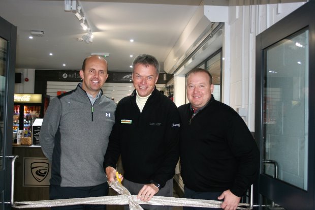 (from left) Academy Manager, Lee Edwards, Gary Wolstenholme MBE and Retail Manager, Andrew Pickering cut the ribbon at the official opening of Carus Green’s new golf centre