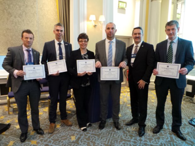 The Diploma recipients with CMAE President Marc Newey; from left Simon Baker, Iain Lancaster, Sharon Heeley, Andrew Hill, Marc Newey and Michael Newland