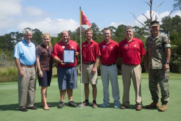 The Legends at Parris Island receive their GEO Certified® Certificate. From Left to Right: Clyde Johnston, Golf Course Architect, Experience Green Board of Directors; Teresa Wade, Founder, Experience Green; Russ Hadaway, Golf Course Superintendent, The Legends; Doug Moss, Golf Course Assistant Superintendent, The Legends; Cody Carter, Assistant Golf Professional, The Legends; Andy Hinson, PGA Head Professional, The Legends; Colonel. Jeffrey Fultz, Chief of Staff, Marine Corps Recruit Depot. Parris Island (Photo by Pfc. Maximiliano Bavastro)