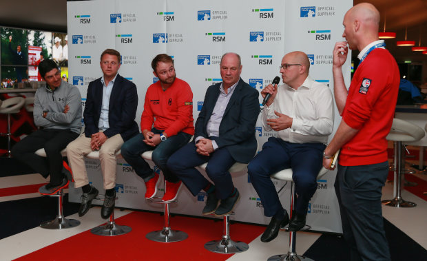 (from left) European tour player Felipe Aguilar; Nathan Homer, Chief Commercial & Marketing Officer at the European Tour; RSM golf ambassador Andy Sullivan; David Gwilliam, RSM Chief Operating Officer; Dr Matt Bridge from the University of Birmingham; and Steve Todd, Deputy Media Communications Director at the European Tour at the launch of the RSM player performance study