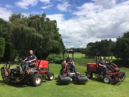 Course manager Richard Hopgood, left, with his dedicated greenkeepers Tom Hubbard, middle, and Ken Thompson, right, on some of the club’s latest Toro machines.