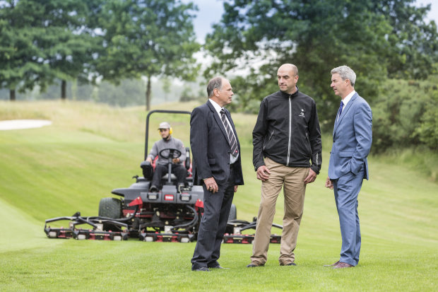 (from left) Reesink Turfcare’s Jeff Anguige with The Wisley’s director of greens John Lockyer and Toro’s Andrew Brown.  