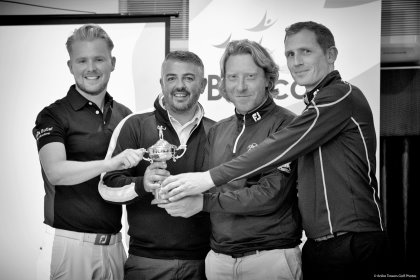The PGA professionals involved in the BeaconButler Challenge Cup (from left) Adam Robinson (Mark Butler Academy), Mark Butler (Mark Butler Academy), Russell Adams (Gaudet Luce GC) and Robert Laing (Bromsgrove Golf Centre) along with participants and supporters of the new event (AT Golf Photos)