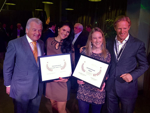 Caroline Carroll of Syngenta (second from right) receives the contribution award for love.golf, alongside Elisa Gaudet of Women's Golf Day from the EGCOA’s President, Alexander Baron von Spoercken (left), and CEO Lodewijk Kllotwijk