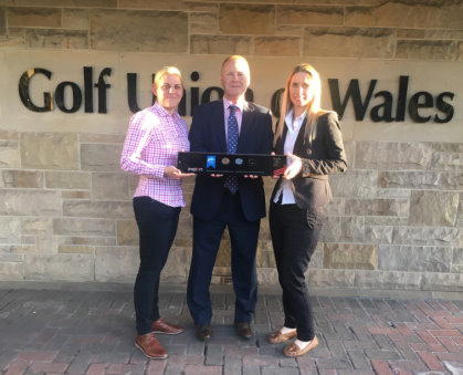 Golf Development chair Hannah Mawson (left) and Golf Union of Wales development director Hannah McAllister (right) receiving the insport Silver Award from Disabilty Sport Wales executive director Jon Morgan