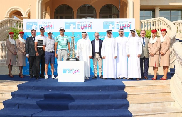 (from left) Julian Small, Managing Director, Club Operations, Jumeirah Golf Estates, Henrik Stenson, Rory McIlroy, Rafael Cabrera-Bello, His Excellency Saeed Hareb, Secretary General of Dubai Sports Council, Keith Pelley, CEO of European Tour, Abdulaziz Bukhatir, Executive Director, Jumeirah Golf Estates, Issam Kazim, ‎CEO of Dubai Corporation for Tourism and Commerce Marketing (DCTCM) , Salman Bin Karam, Customer Relations Manager, Jumeirah Golf Estates, Peter Dawson, President of the International Golf Federation (Getty Images)