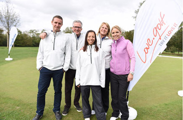 (from left) love.golf coaches Ollie Rush, Alastair Spink, Jil Luthringer and Nicola Stroud with Carin Koch