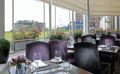 View from the Rocca Restaurant at Macdonald Rusacks Hotel, overlooking the 18th green of The Old Course at St Andrews