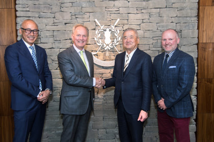 Manabu Senza (President TSI Groove & Sports), Euan Loudon (Chief Executive St Andrews Links), Masahiko Miyake (Chairman TSI Holdings) and Danny Campbell (Commercial Director St Andrews Links) celebrate new agreement between St Andrews Links and TSI Holdings photo credit St Andrews Links)
