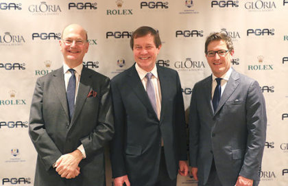 PGAs of Europe Honorary President, George O’Grady alongside outgoing Honorary President, Pierre Bechmann (left) and PGAs of Europe Chief Executive, Ian Randell