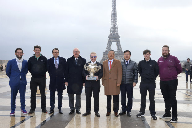 PARIS, FRANCE - JANUARY 09: (L-R) Alexander Levy, Padraig Harrington, Jean Louis Charon, Keith Pelley, Chen Wenli, Yang Guang, Matthew Fitzpaterick and Shane Lowry attend a photocall before the Open de France press conference on January 9, 2017 in Paris, France. (Photo by Aurelien Meunier/Getty Images)