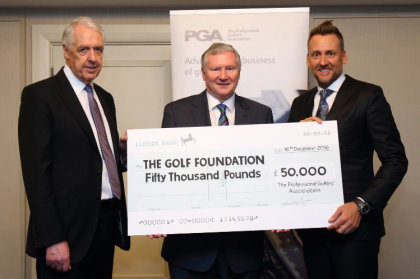 (from left) PGA captain Nicky Lumb, PGA Recognition Award winner Ian Poulter and Golf Foundation chairman Stephen Lewis (courtesy of Jordan Mansfield /Getty Images)