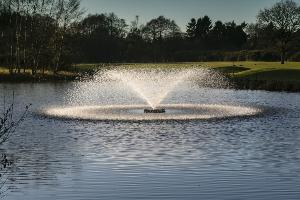 The Gemini surface spray aerator provides an attractive display of three pattern options, including the Sunburst, pictured here at Old Thorns Golf and Country Club