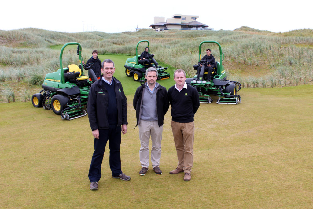 (Front left to right) Michael Weldon of John Deere dealer Seamus Weldon, Ballybunion course manager John Bambury and John Deere strategic account manager Brian D’Arcy, with the new 7200A and 7500A PrecisionCut mowers.