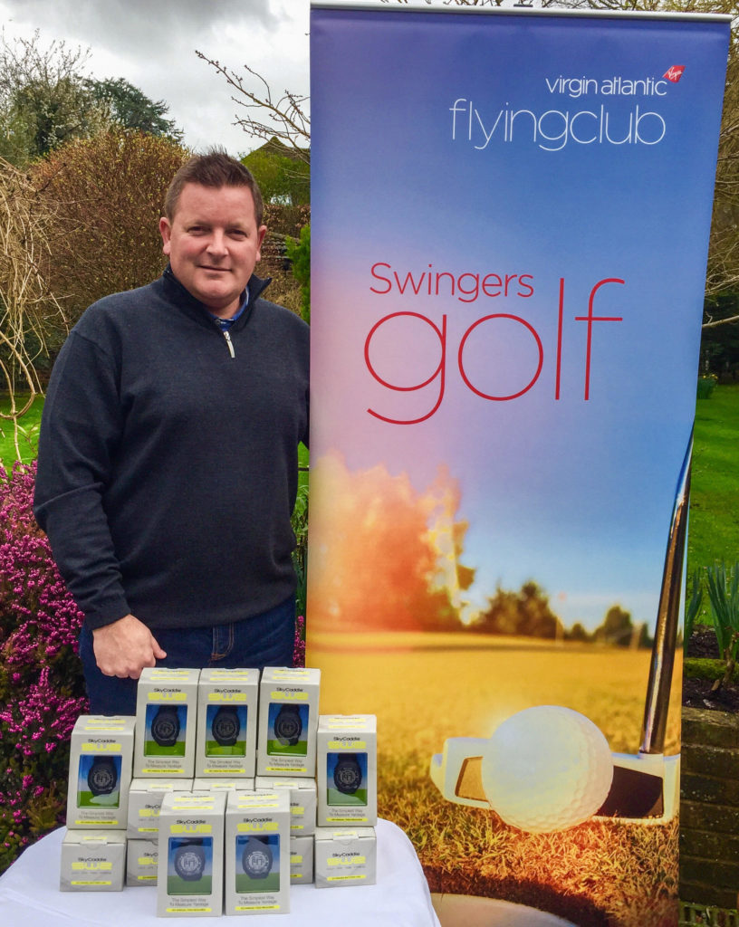 Luke Parry, Director of Milestone Event Management with SkyCaddie prizes for the 2017 Virgin Atlantic Flying Club Swingers programme
