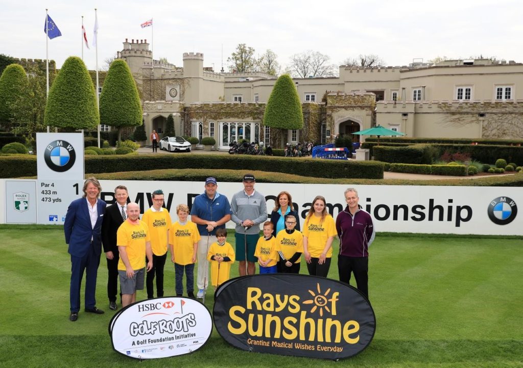 (from left) Jamie Birkmyre (Championship Director for the BMW PGA Championship), Stephen Gibson (Chief Executive of Wentworth Club), Anthony Wall, Kevin Pietersen, Jane Sharpe (CEO of Rays of Sunshine) and Brendon Pyle (Chief Executive of the Golf Foundation) along with children from Rays of Sunshine.