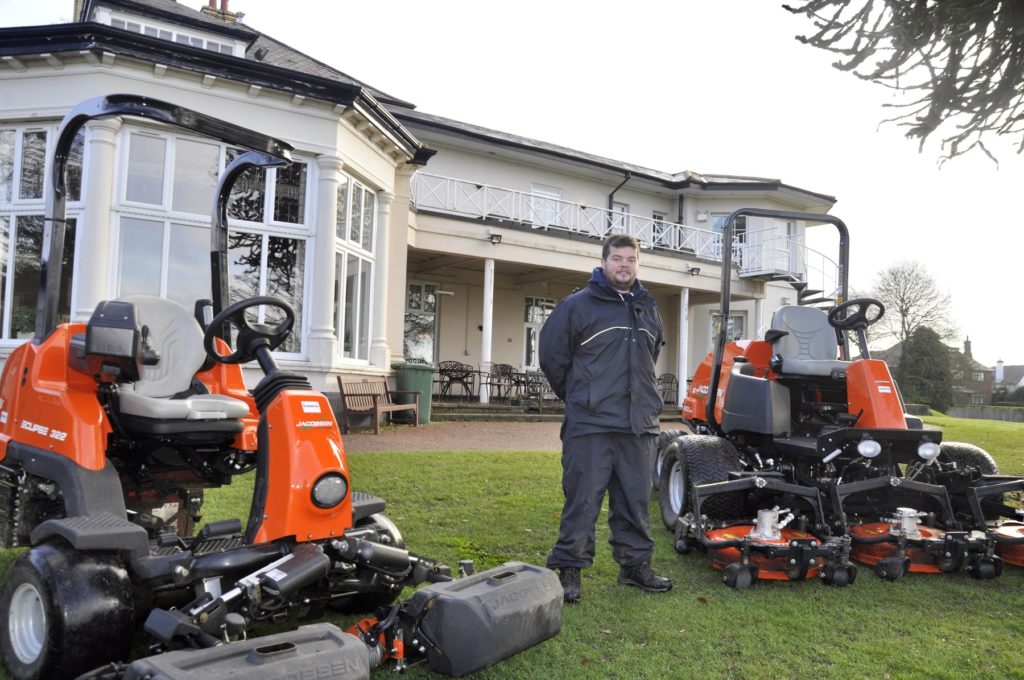 Simon Ashford, Head Greenkeeper, with the new Eclipse 322 (left) and AR522 (right), in front of the Upton-by-Chester clubhouse.