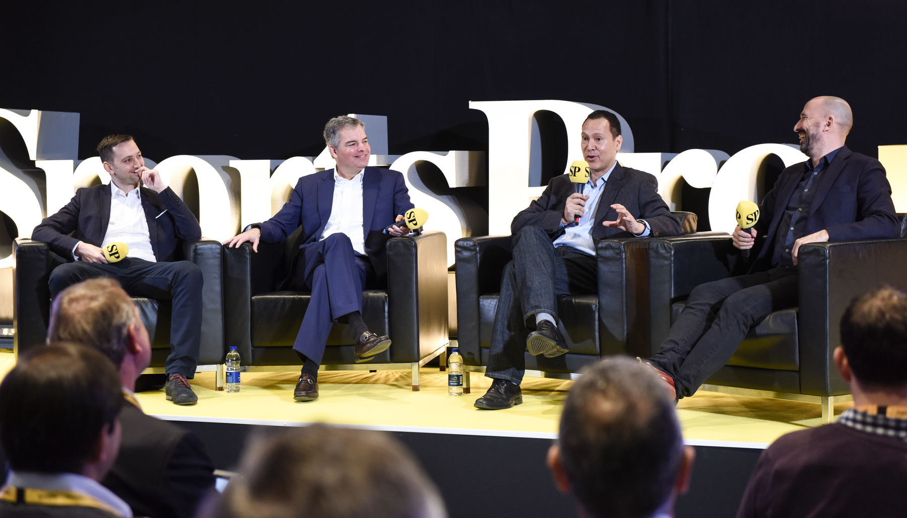 (from left) Tom Middleditch, Head of Digital, Eleven Sports Network; Mark Parkman, General Manager, Olympic Channel; Ralph Rivera, MD, Eurosport Digital, Eurosport (speaking into the microphone); Carlo de Marchis, Chief Product & Marketing Officer, deltatre Media, moderator